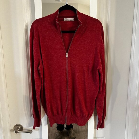 Brunello Cucinelli Wool and Cashmere Full Zip Sweater Size 54 Color Red - Picture 1 of 4